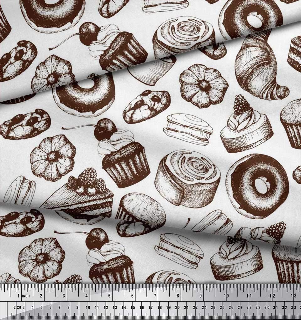 **Soimoi Polyester Crepe White Fabric by the Yard - 42 Inch Wide - Cupcake, Donut & Cookies Food Print - Whimsical Printed Fabric for DIY Crafts, Quilting, and Home Decor**