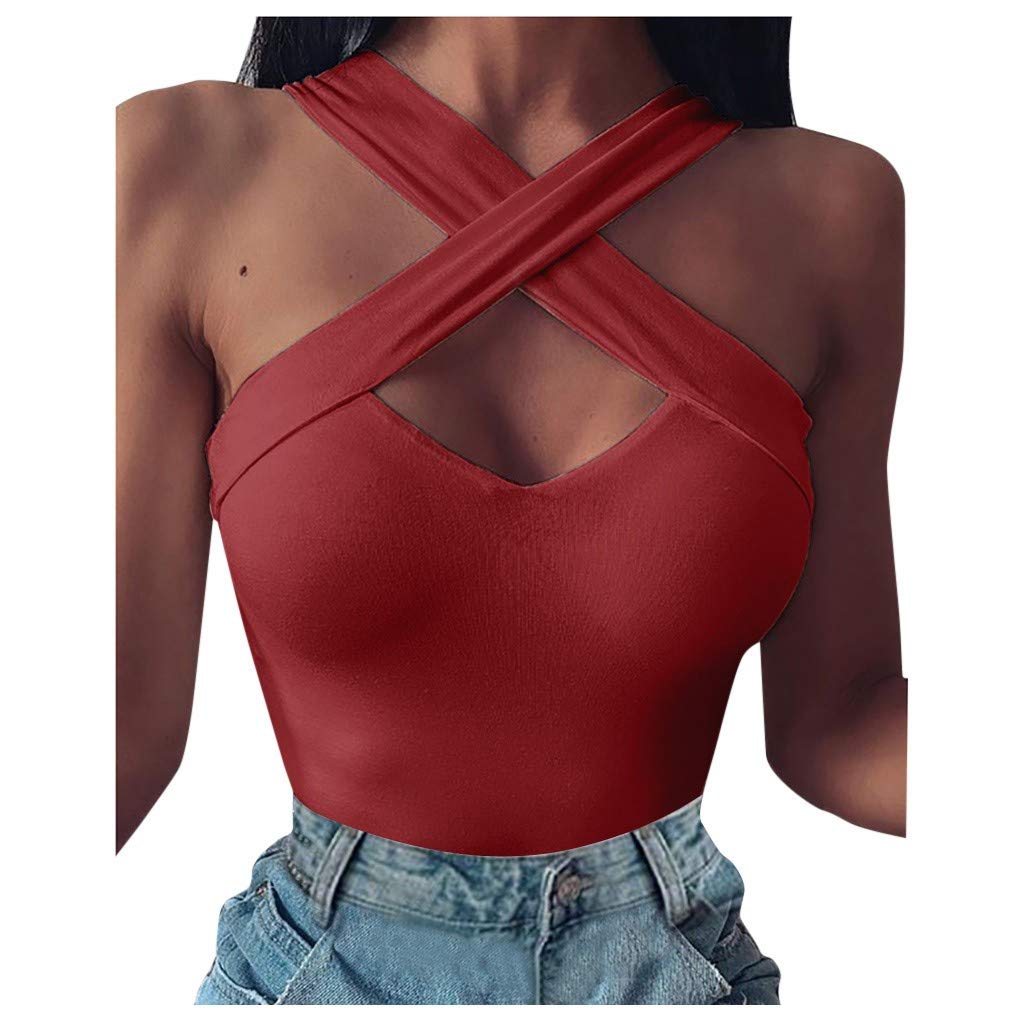 Sexy Women's Solid Color Sleeveless Cross Neck Blouse - Hollow Out Beach Vest Top for Plus Size Women | Perfect for Summer Vacations, Beach Parties & Casual Outings