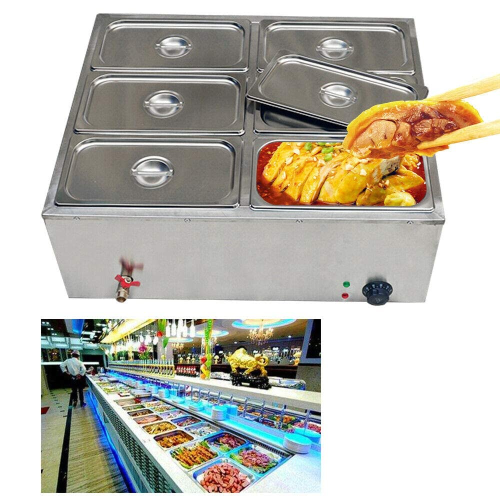 6-Pots Commercial Food Warmer 110V Electric Buffet Hot Plate - Stainless Steel Bain Marie with Lid for Catering, Restaurants & Outdoor Events - Perfect for Buffet Serving, Party Catering and Food Warming Stations