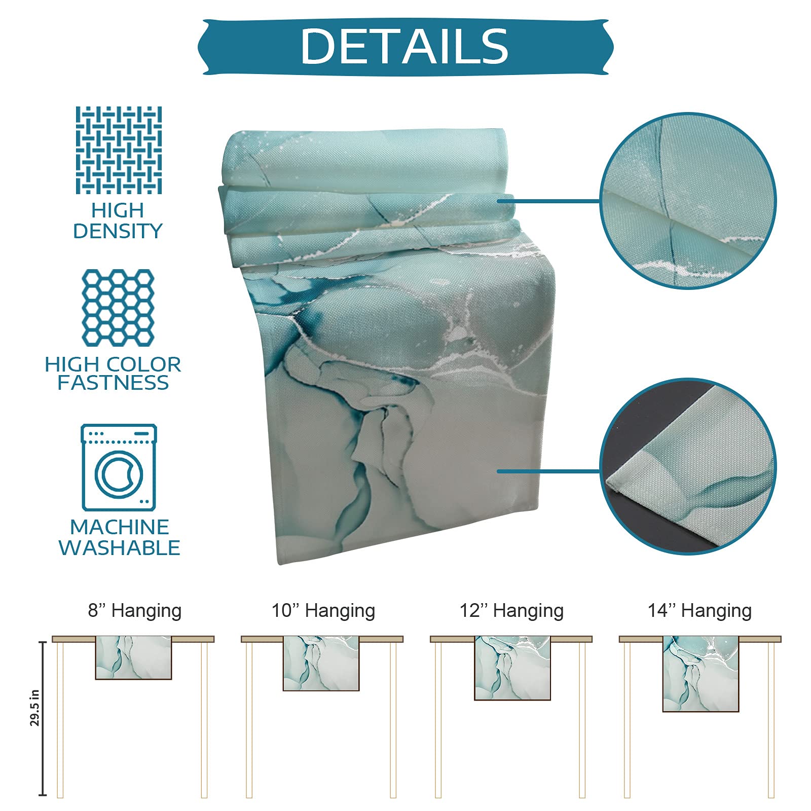 36 Inch Marble Turquoise Aqua Cotton Linen Table Runner - Modern Teal Kitchen & Dining Table Decor for Coffee Tables, Weddings & Parties | Elegant Burlap Blue Dresser Runner for Home Decor
