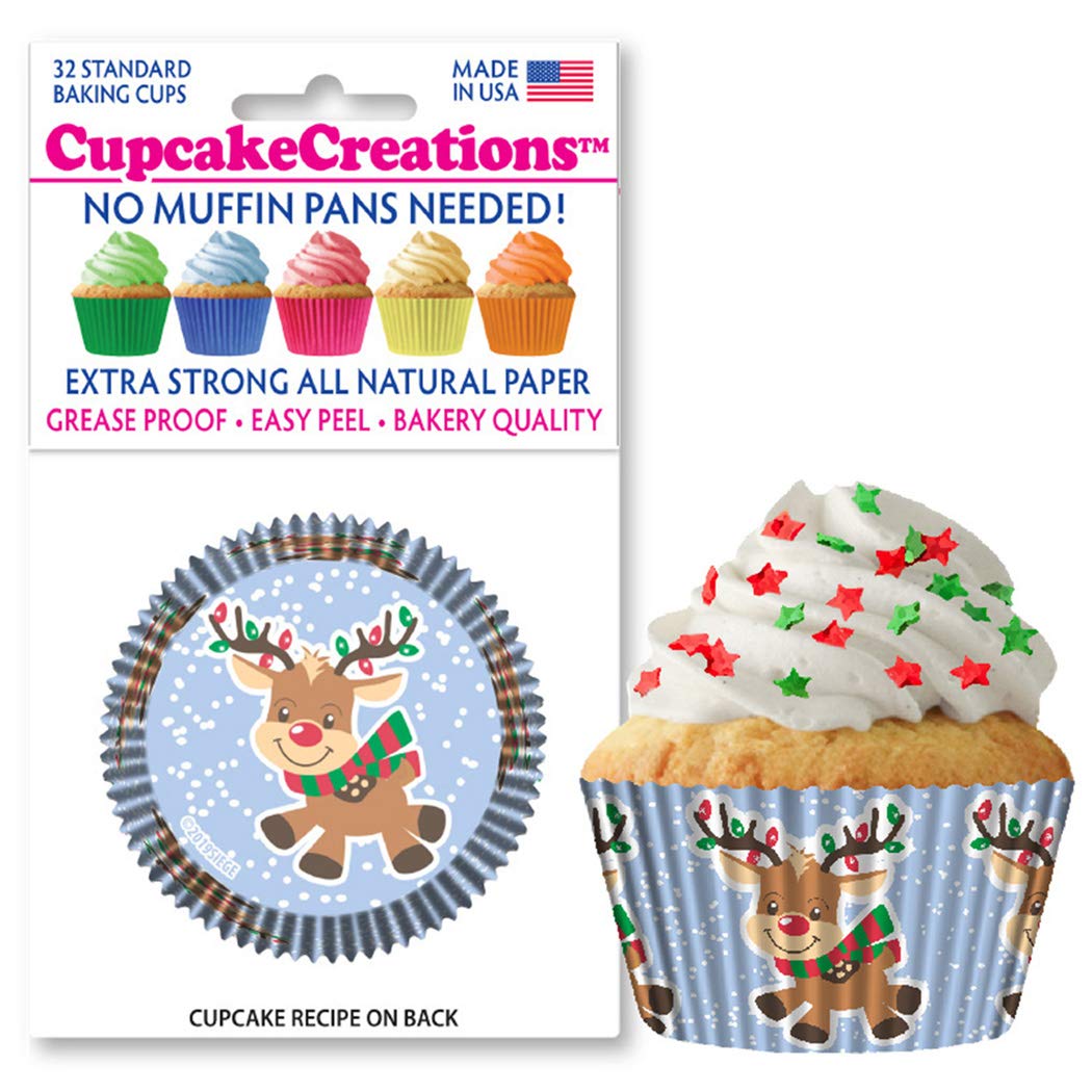 32 Count Standard Cupcake Baking Papers - Holiday Reindeer Design for Christmas Baking | Perfect for Parties, Baking Gifts & Festive Desserts