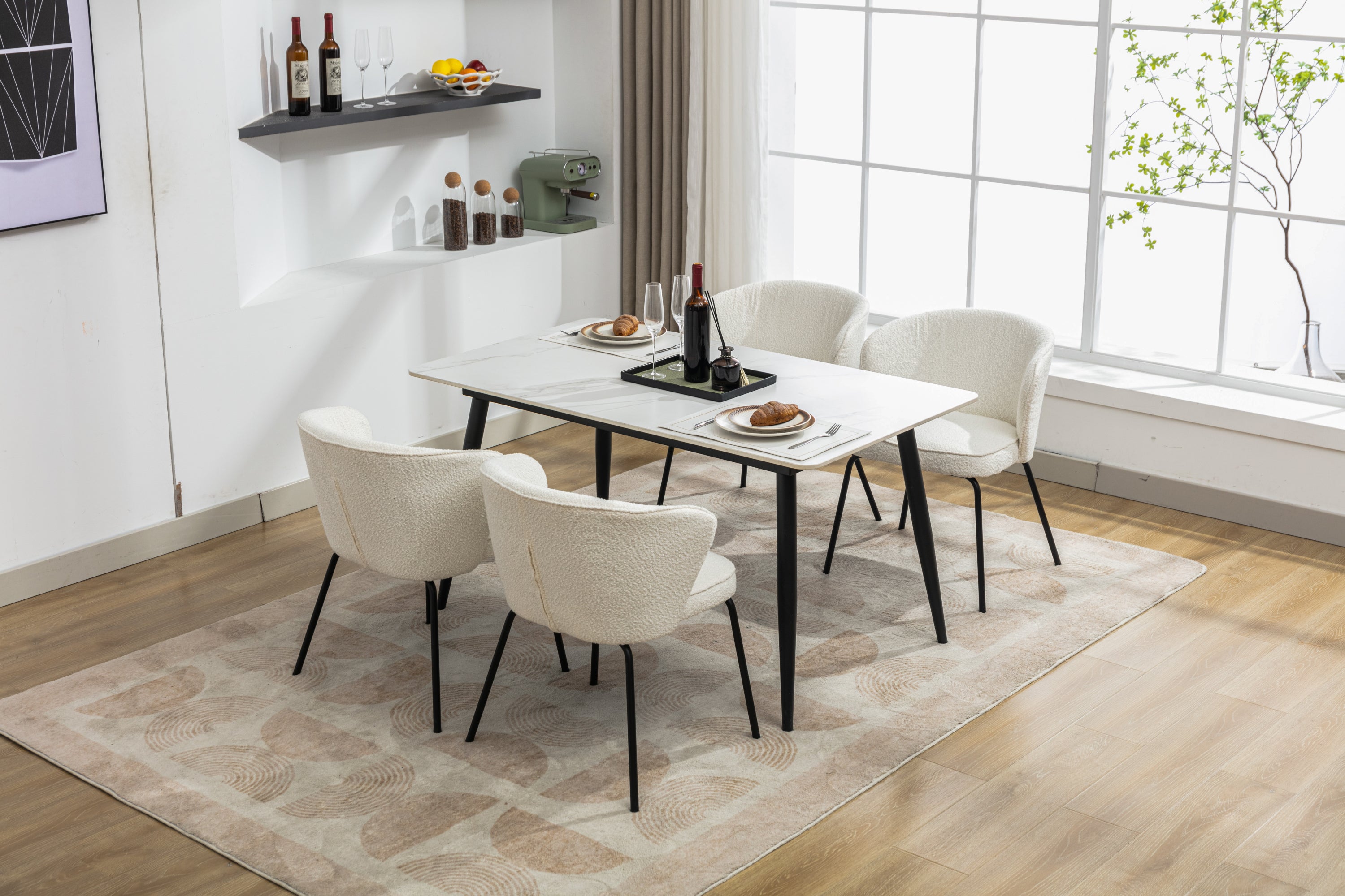Boucle Fabric Dining Chairs Set of 2 with Black Metal Legs in Ivory - Modern Comfortable Kitchen & Dining Room Seating for Home & Office