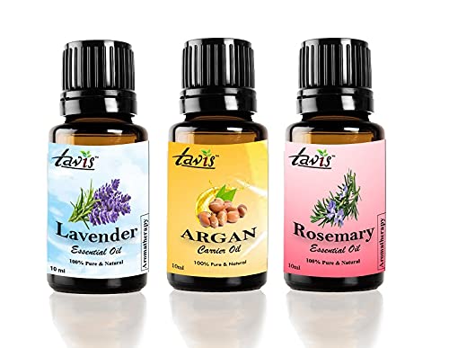 Pure Lavender Oil, Argan Oil & Rosemary Essential Oil Set - 100% Natural for Aromatherapy, Hair & Skin Care - Relaxation, Massage & DIY Beauty Products
