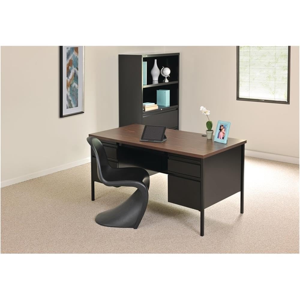Pemberly Row Double Pedestal Metal Office Desk with Center Drawer - Black/Walnut Finish - Modern Home Office & Workspace Desk for Professionals & Students