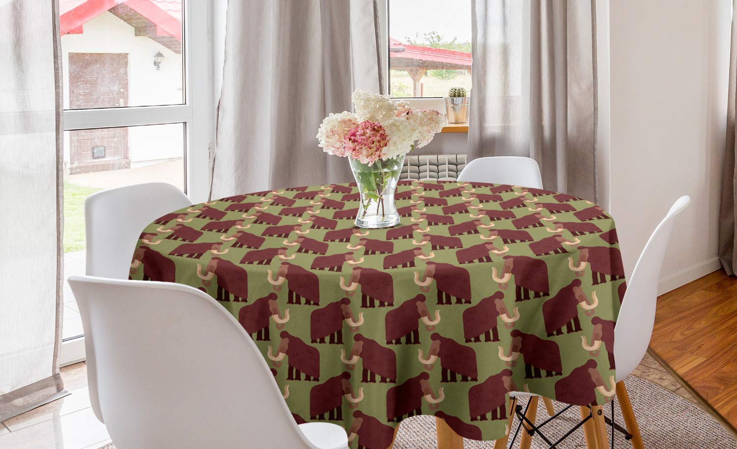 Ambesonne Funny Savannah Animals Round Tablecloth - 60 Inch Circle Table Cover with Mammoth Giant Wilderness & Prehistoric Elephants Graphic for Dining Room, Kitchen Decor in Pale Maroon Green | Perfect for Parties, Picnics & Themed Events