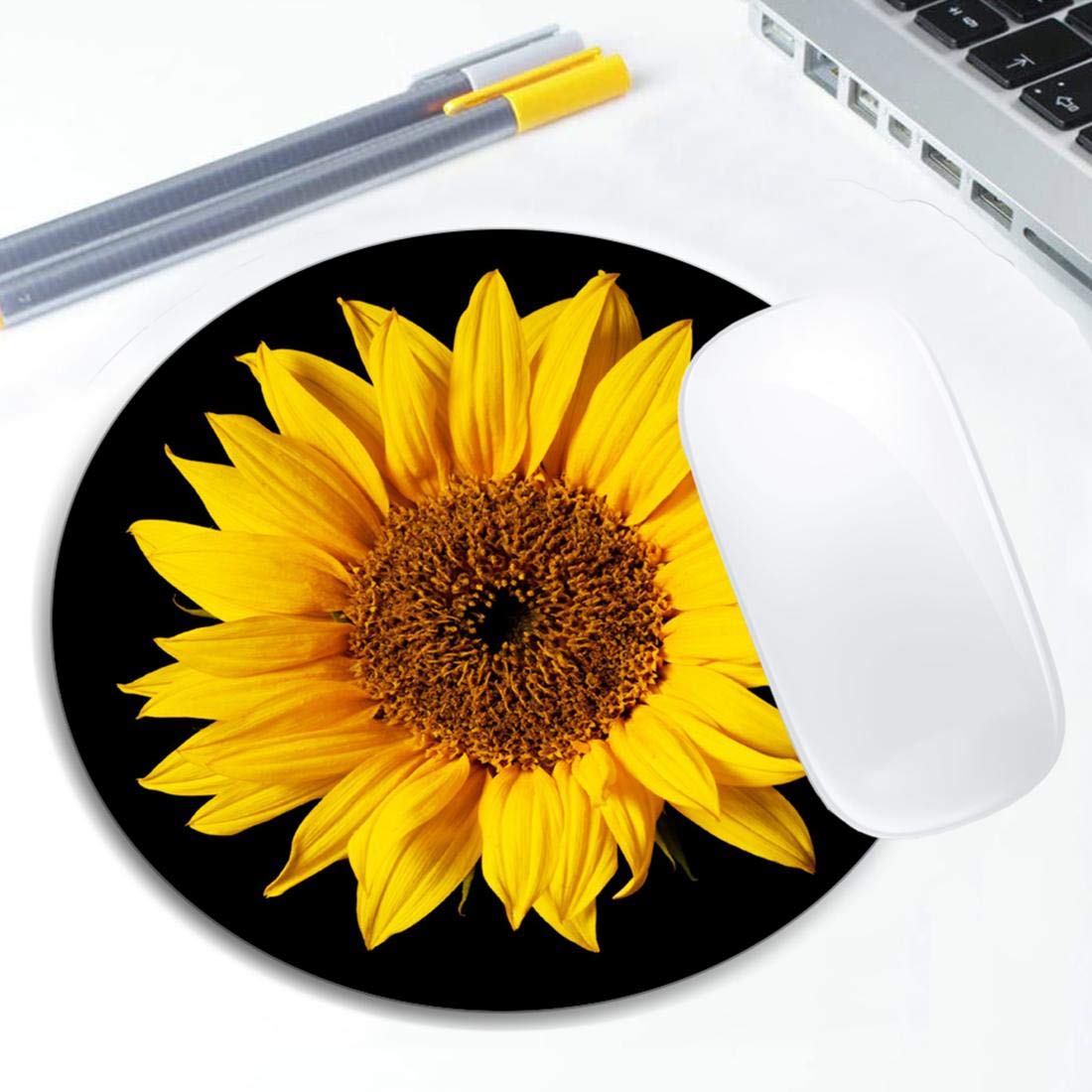 Sunflower on Black Round Non-Slip Rubber Mouse Pad - Cute Office & Laptop Computer Desk Accessory with Custom Design - Perfect for Work, Gaming & Home Decor