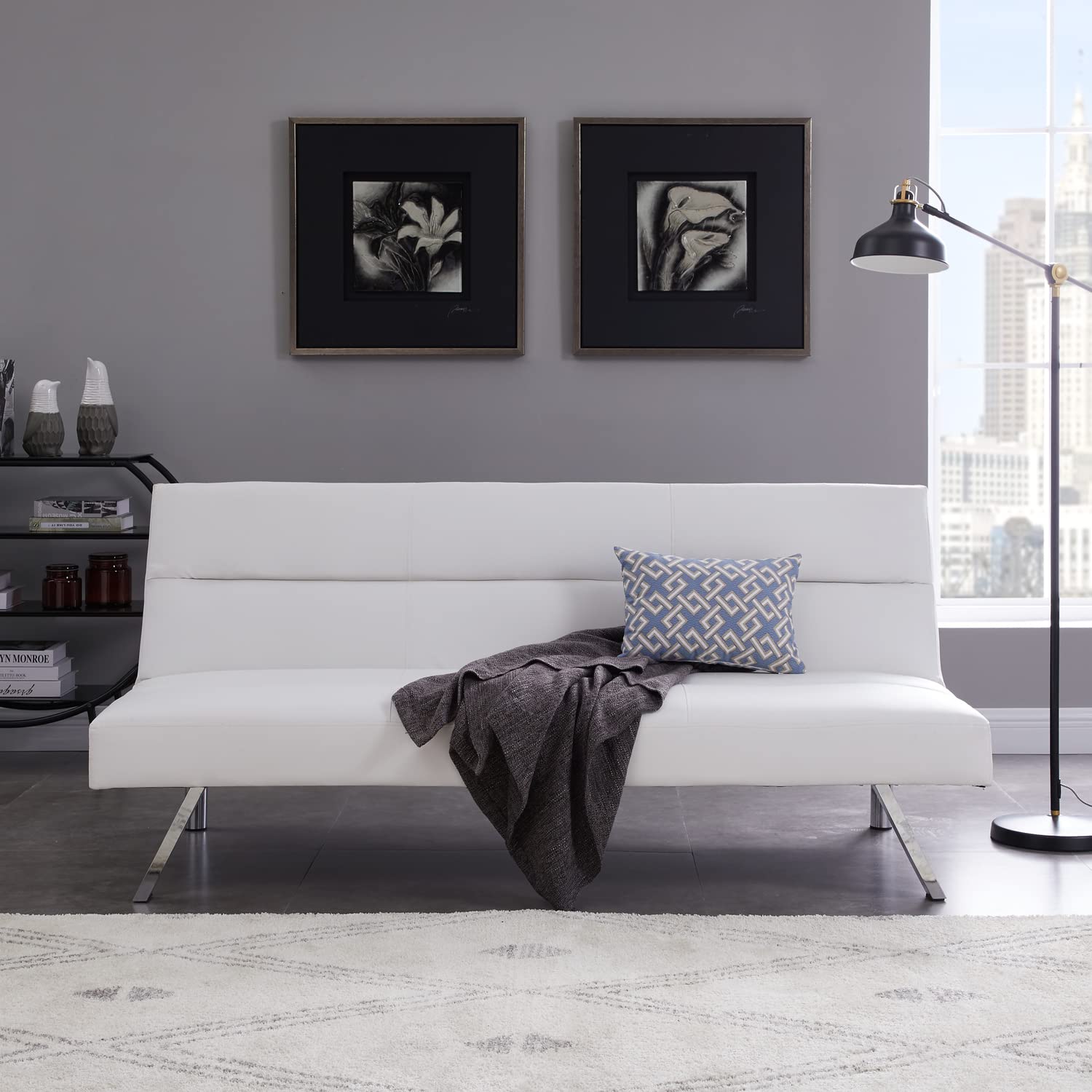 Naomi Home White Faux Leather Futon Sofa Bed - Convertible Pull-Out Couch with Metal Legs, Reclining & Folding Design for Small Spaces - Perfect for Living Rooms, Guest Rooms & Apartments