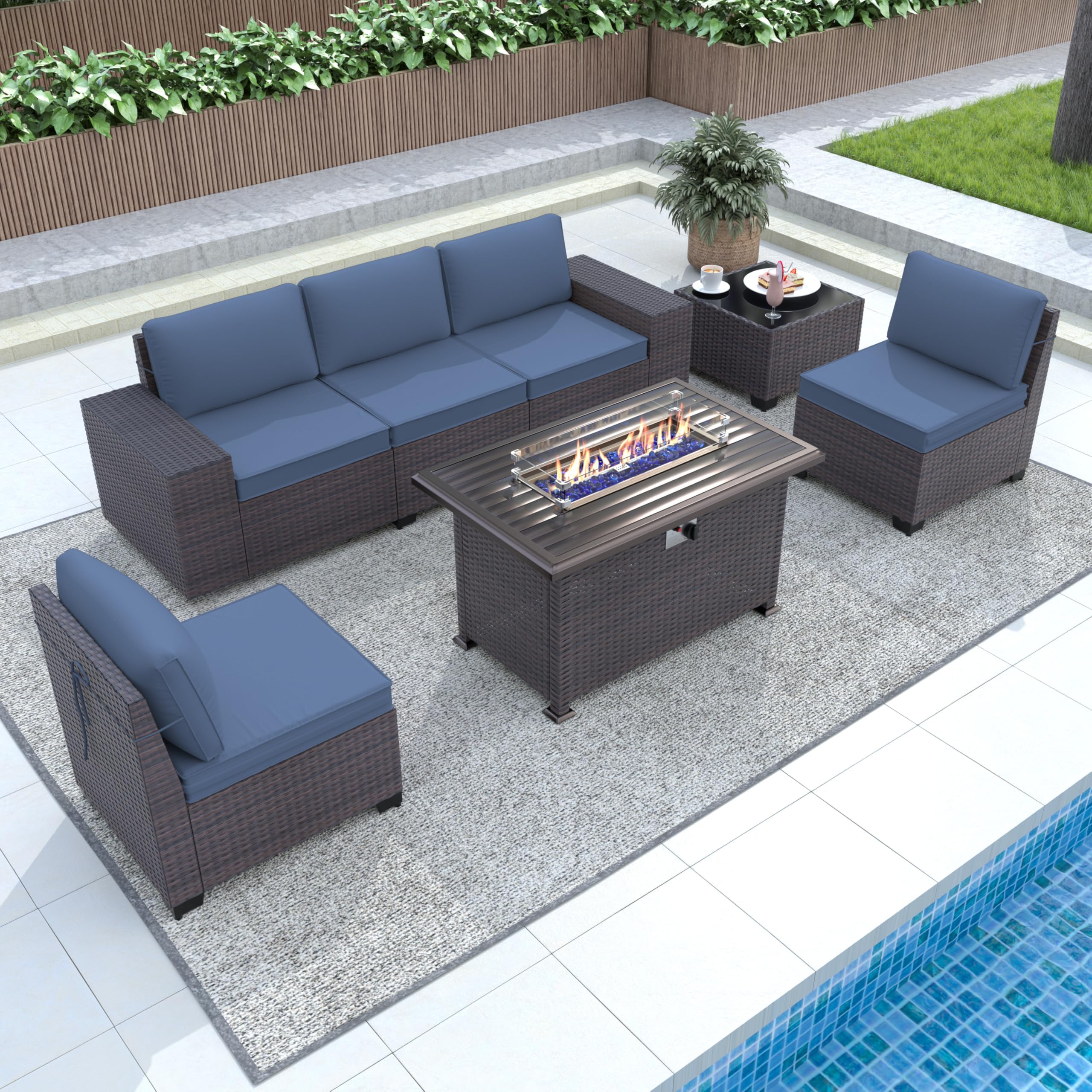 Gotland 7-Piece Outdoor Patio Furniture Set with 43-inch Gas Fire Pit Table - 55,000 BTU Auto-Ignition Sectional Sofa Set with Glass Wind Guard - Perfect for Backyard, Garden, Poolside & Outdoor Entertaining
