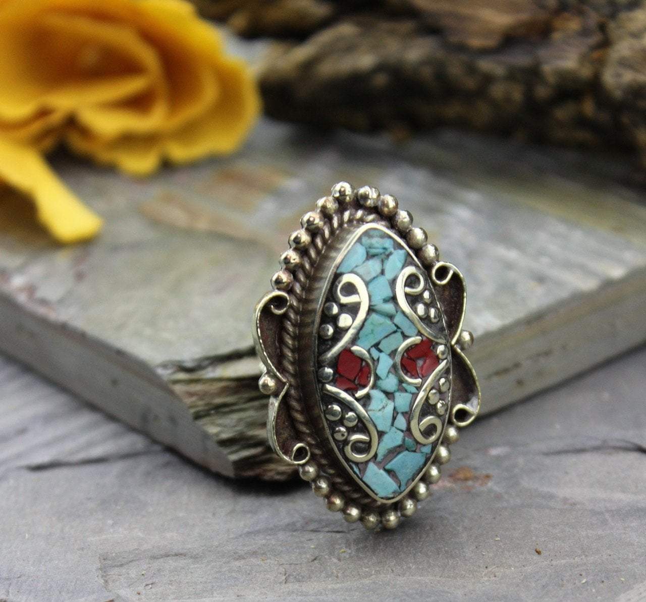 Adjustable Tibetan Coral & Turquoise Ring for Women - Handmade Boho Jewelry for Everyday Wear & Special Occasions