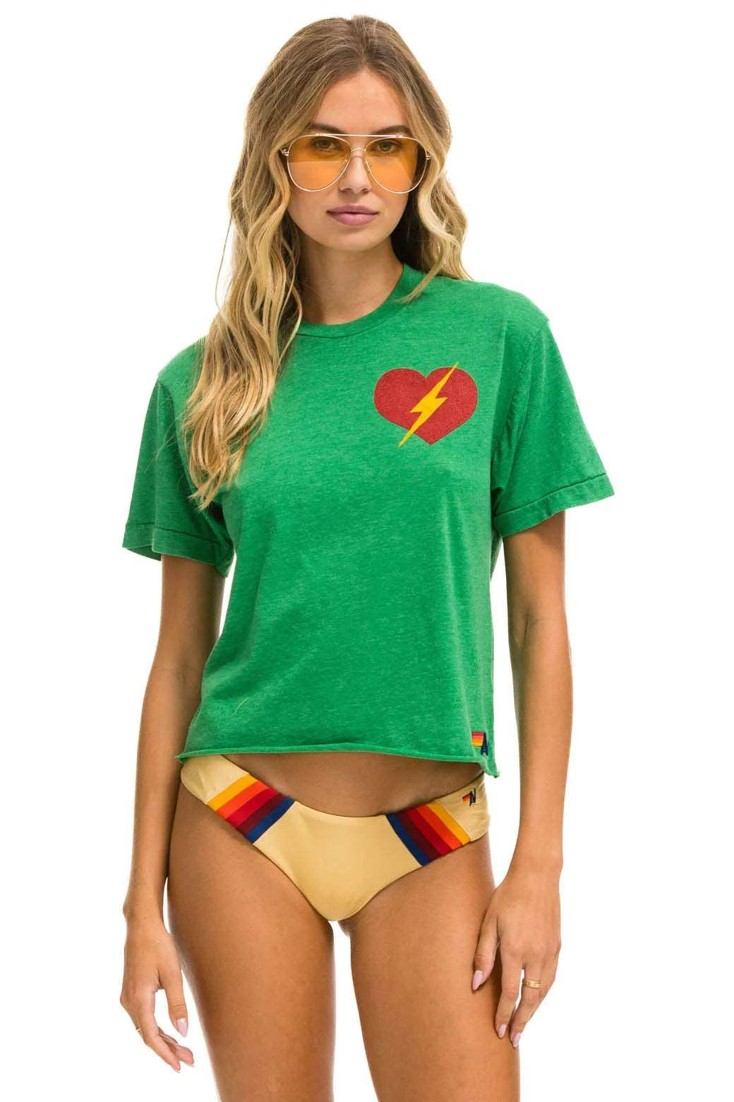 Aviator Nation Women's Bolt Heart Boyfriend Tee - Kelly Green Vintage Style Cotton T-Shirt for Casual Wear & Street Fashion