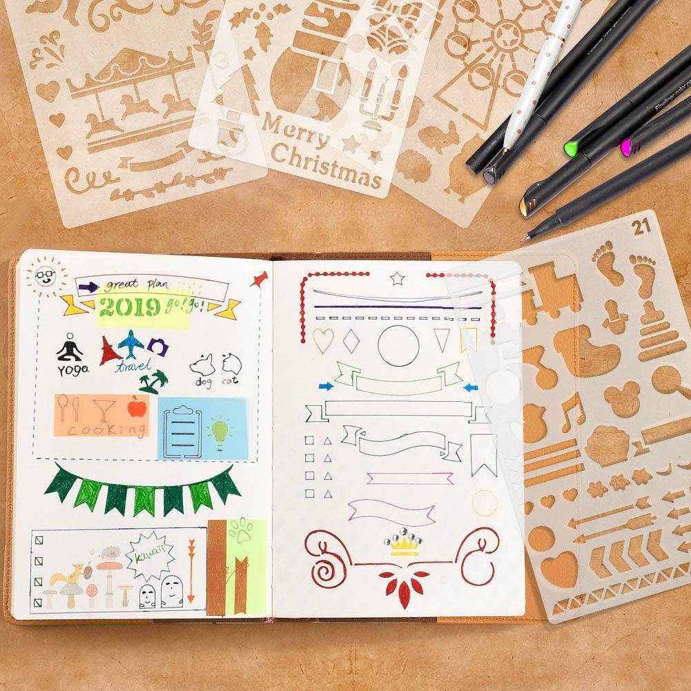 36 PCS Plastic Journal Stencils for Bullet Junk Journaling, Notebook Diary, Drawing & Scrapbooking - 4x7 Inch Templates - Perfect for DIY Crafts, Planner Decorations, and Creative Art Projects