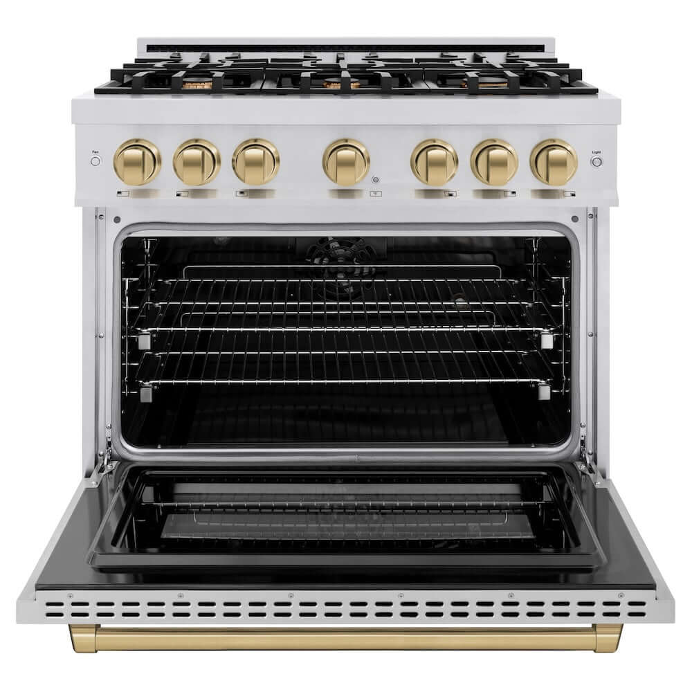 ZLINE Autograph Edition 36-inch 5.2 cu. ft. Dual Fuel Range with 6 Burner Gas Cooktop & Electric Convection Oven - Stainless Steel with Champagne Bronze Accents (HDRZ 36 CB) - Perfect for Professional Home Kitchens and Gourmet Cooking