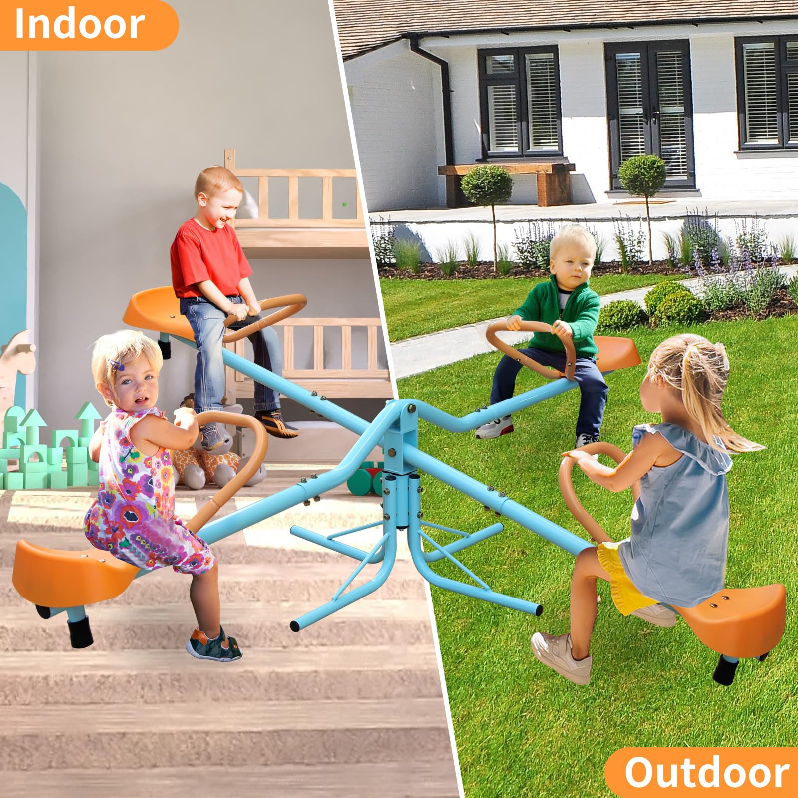 Kids Outdoor Spinning Seesaw - 4 Seat Blue Teeter Totter for Backyard Play, Garden & Park Fun | Durable Toddler Playground Equipment for Ages 3-8