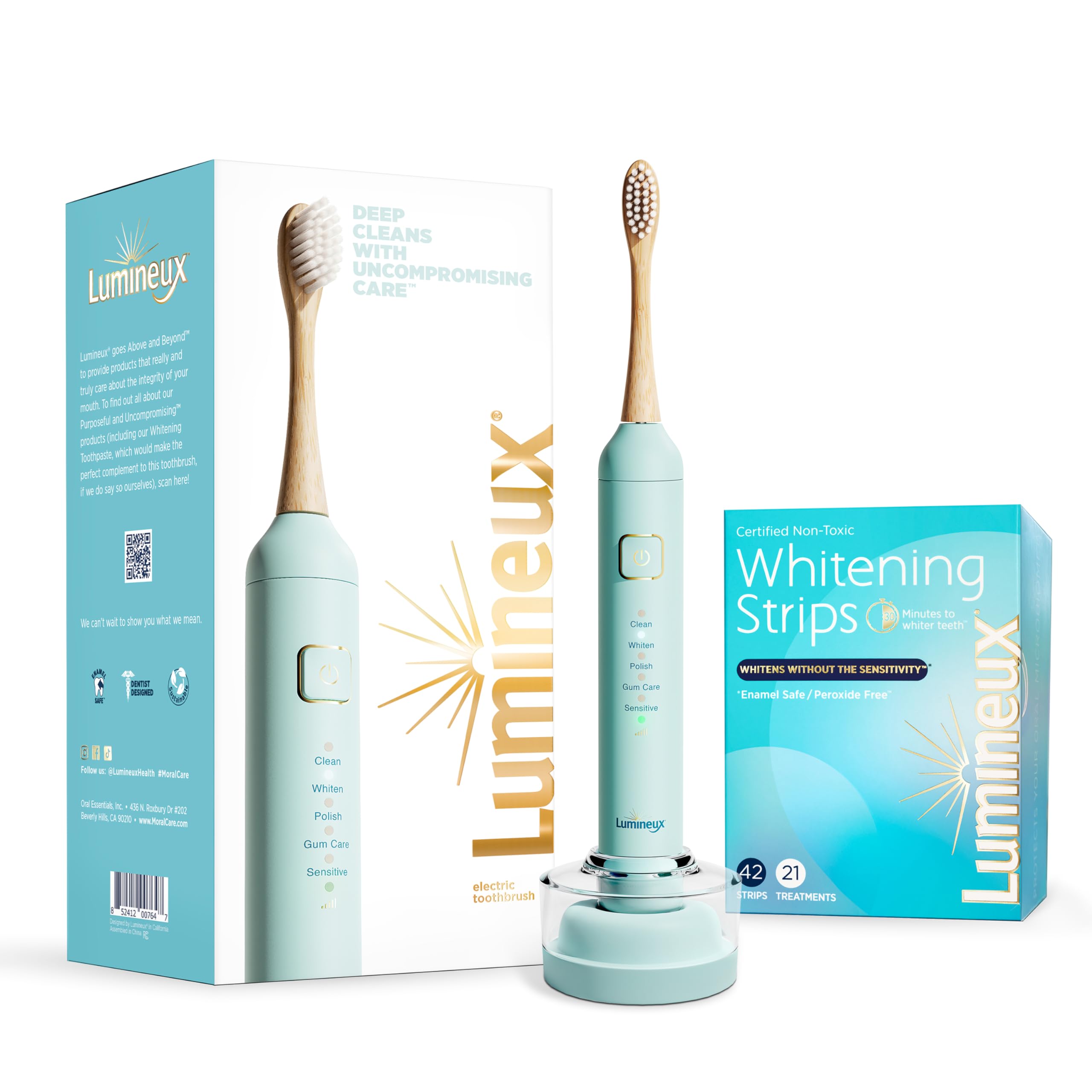 Lumineux Teeth Whitening Strips (21 Pack) & Electric Bamboo Toothbrush Set - Professional Teeth Whitening Kit with Natural Bamboo Brush for Home & Travel Use