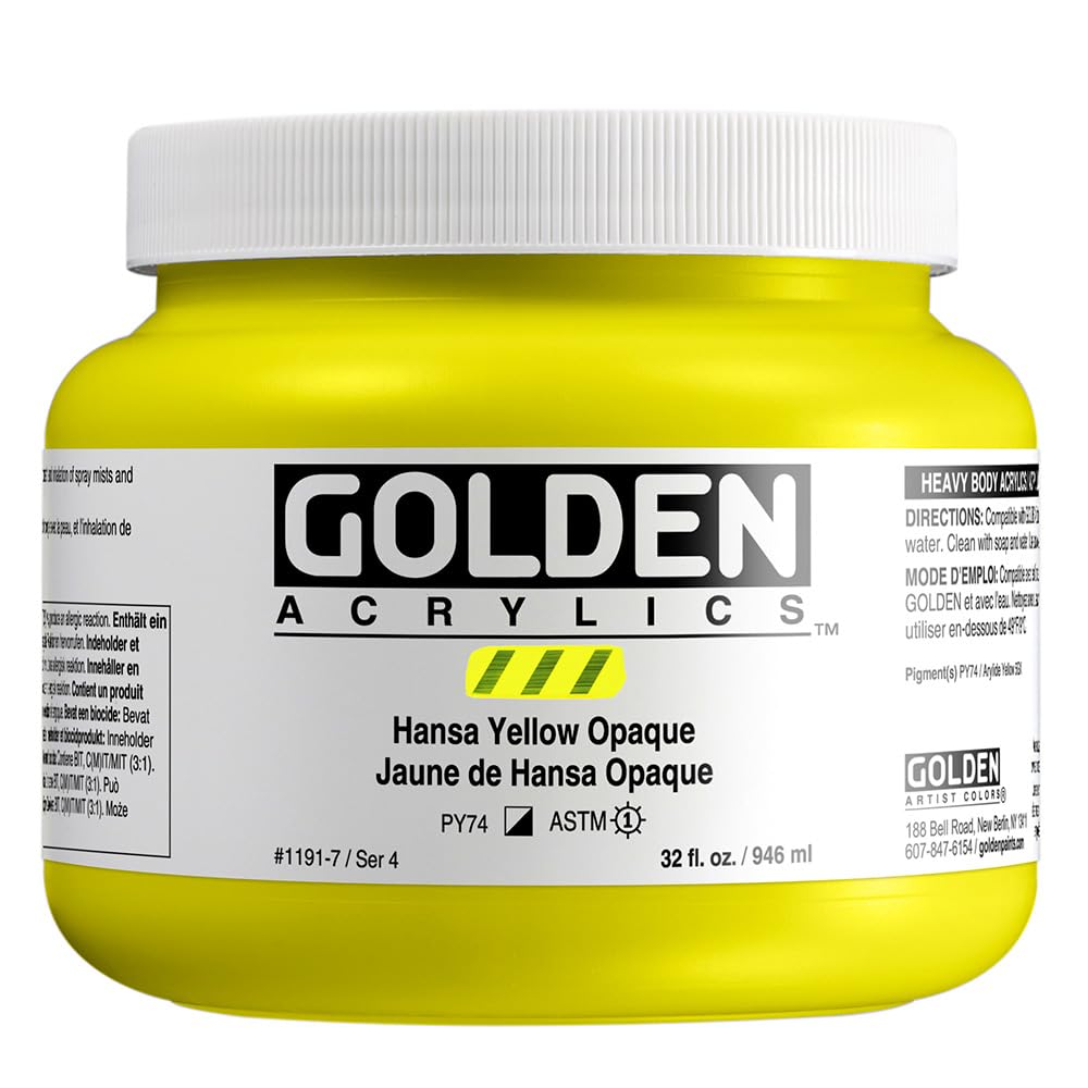 GOLDEN Heavy Body Acrylic Paint - Hansa Yellow Opaque 32 fl. oz Jar, Professional Grade Semi-Opaque Acrylics for Artists - Perfect for Canvas Painting, Murals & Fine Art Projects