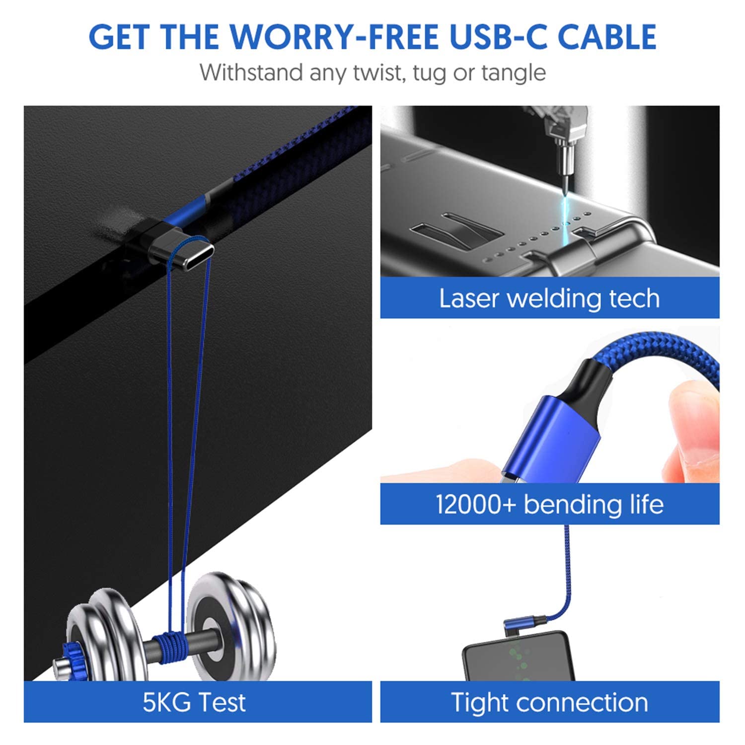 90 Degree USB C Cable [3 Pack 10FT] - Right Angle USB A to USB C Fast Charging Nylon Braided Cable for iPhone 16 Series, Samsung Galaxy S24/S23, iPad Air 6 - Perfect for Bedside Charging, Car Use & Gaming Setup