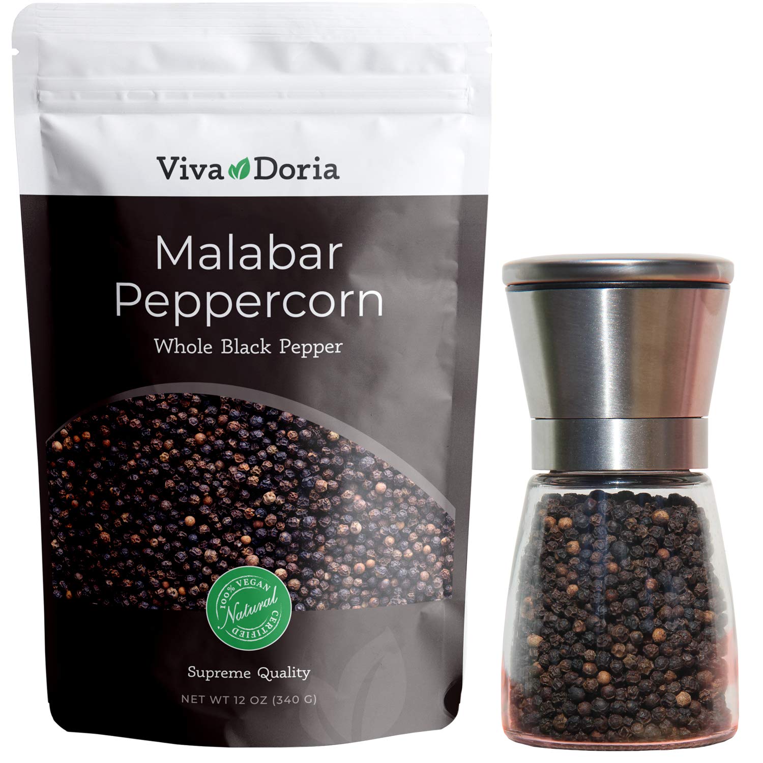 Premium Viva Doria Malabar Whole Black Peppercorns 12oz - Fresh Gourmet Spice for Cooking & Grilling + Stainless Steel Adjustable Salt & Pepper Mill Set - Perfect for Kitchen, Restaurants & Gift Giving