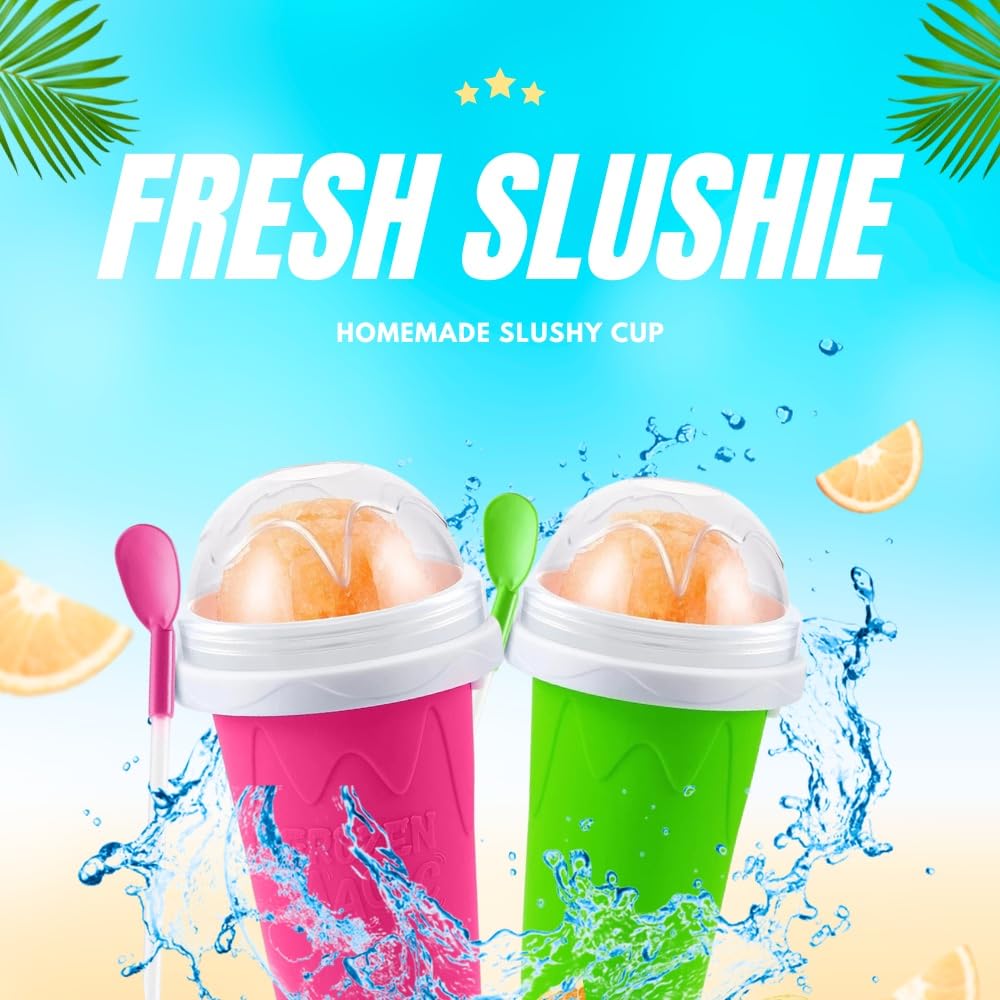 **Quick Frozen Magic Slushy Maker Cup - Portable Smoothie & Ice Cream Cup with Spoon & Straw (Green) - Perfect for Summer Drinks, Kids Snacks & Party Treats**