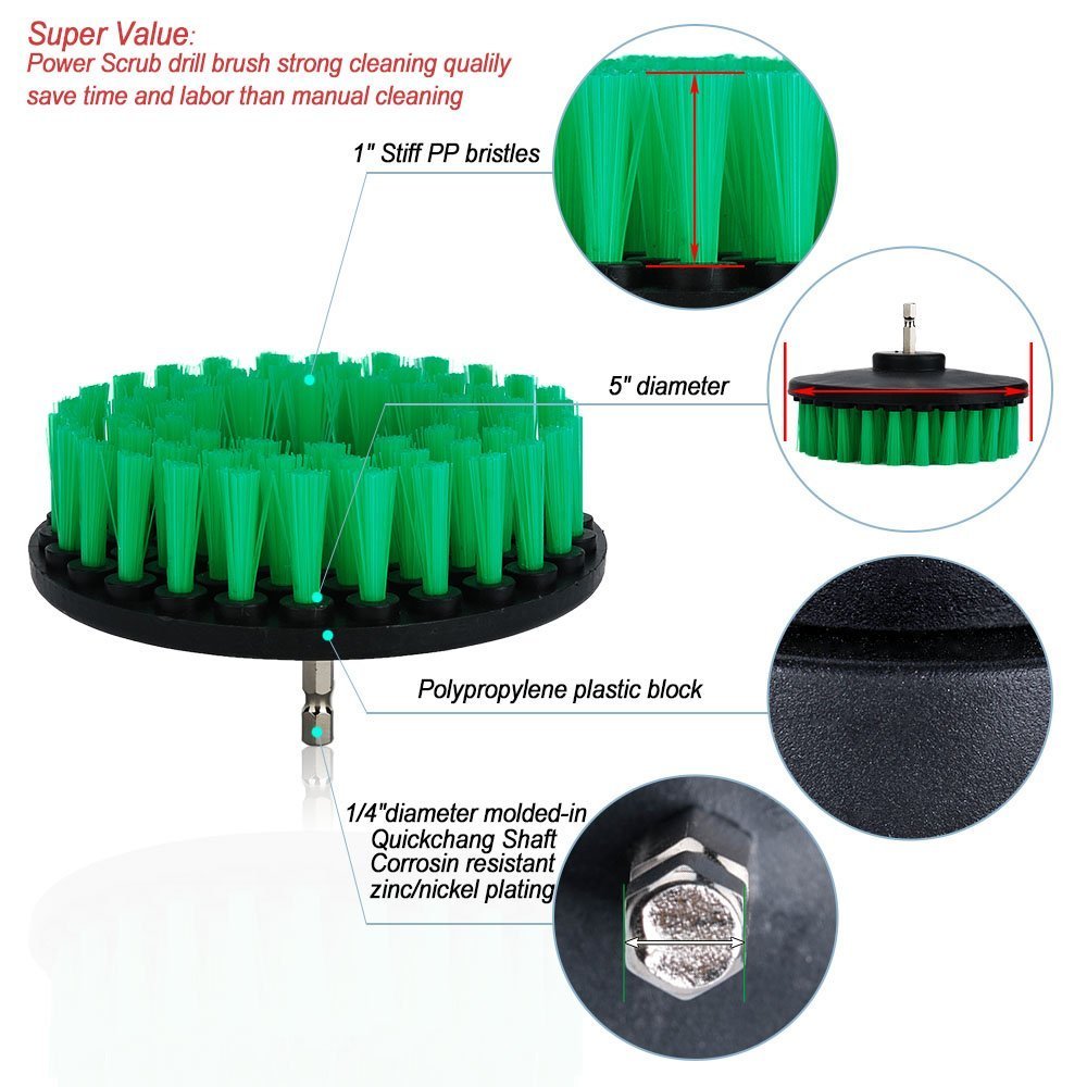 Drill Brush Cleaning Kit - Soft/Medium/Stiff Bristles for Bathroom, Carpet & Tires (3''+5'')