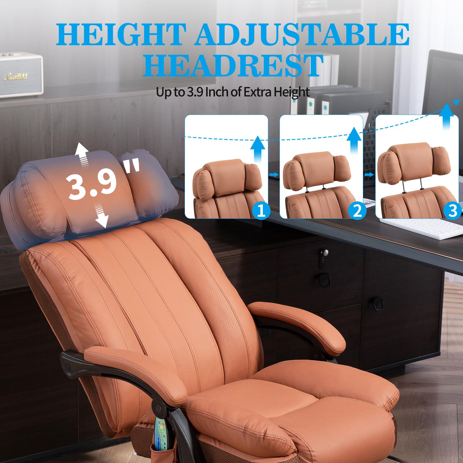 Big and Tall Massage Office Chair with Heat & 8 Vibration Points - Adjustable Headrest, Extra Wide Seat, Footrest & Padded Armrests - Reclining High Back Executive Chair for Home Office, Gaming & Workspace Comfort