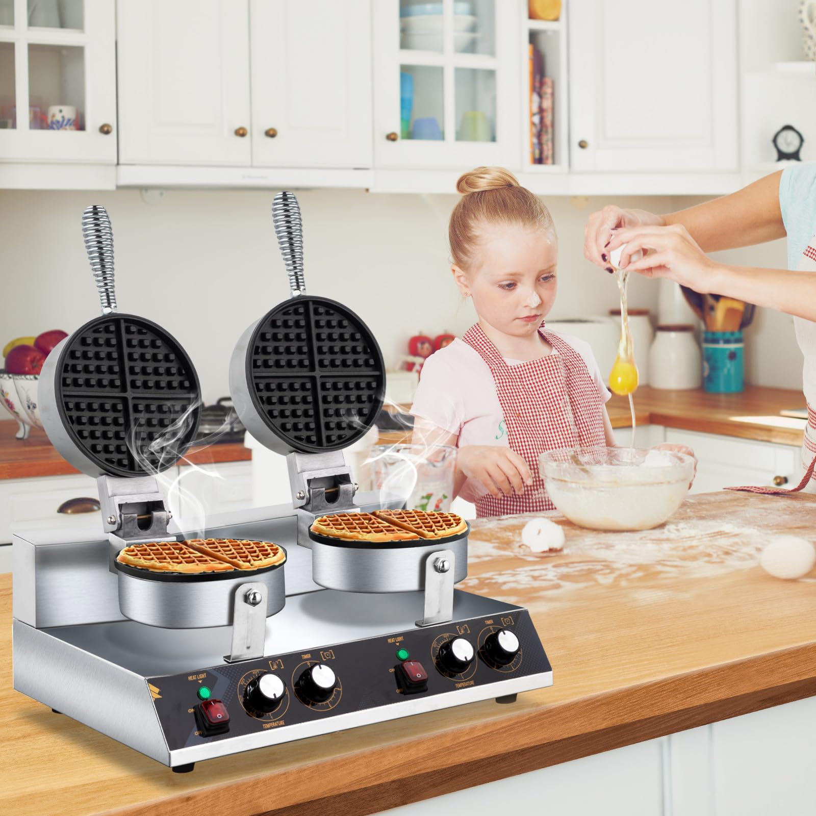 ROVSUN Commercial Double Head Waffle Maker Machine - 2400W Stainless Steel Professional Waffle Iron with Non-Stick Plates (110V/240V) for Bakery, Restaurant, Snack Bar or Home Use - Perfect for Breakfast, Brunch and Dessert Making