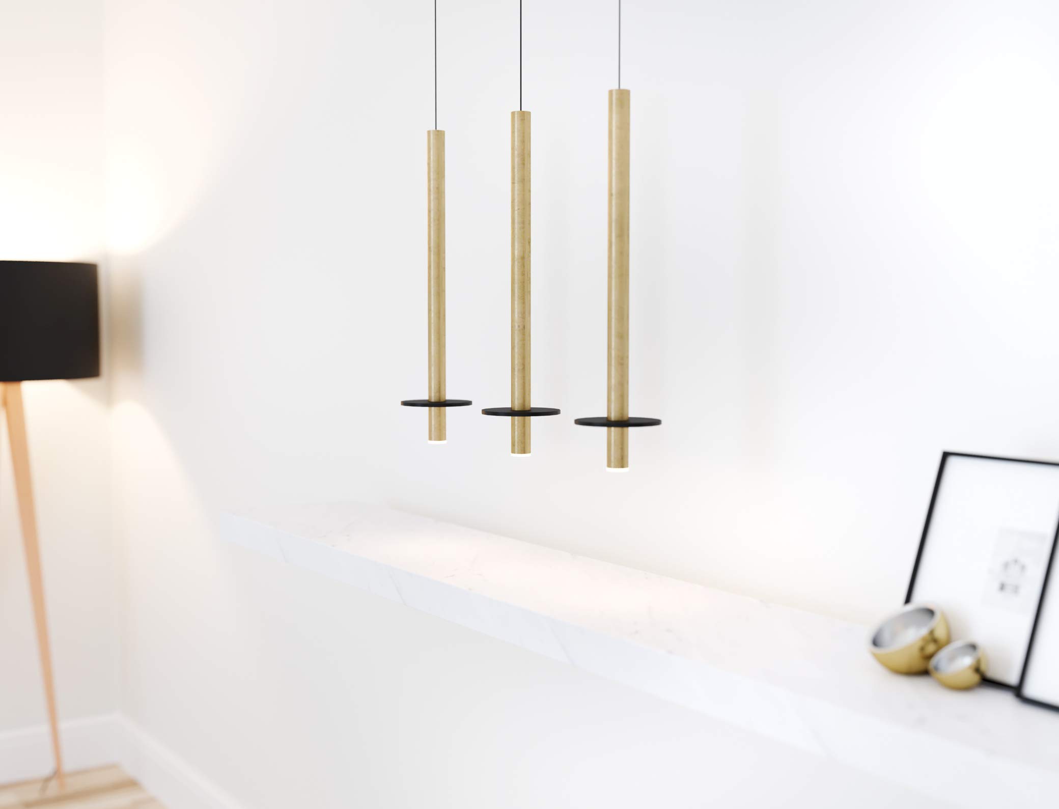 Draco 3 Pendant Lighting Brass - Modern LED Hanging Light Fixture for Kitchen Island, Dining Room, Bar, Foyer - Adjustable Dimmable Cluster Mini Metal Rod Pipe Cylinders - Perfect for Home Decor & Commercial Spaces