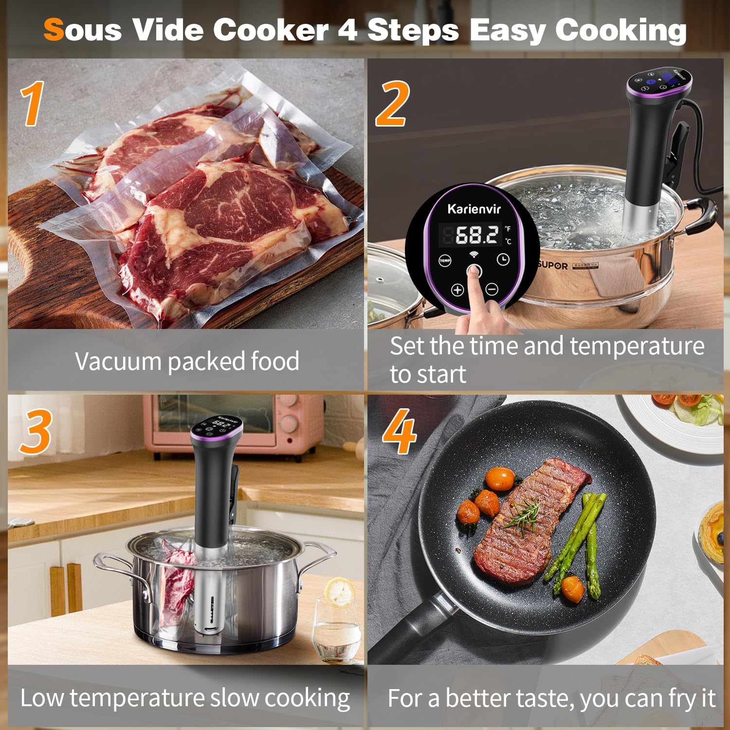 WiFi Sous Vide Cooker 1000W Immersion Circulator - 10°C to 90°C (50°F to 194°F) Precision Temperature Control with Timer Touch Screen - 120V Purple Sous Vide Machine for Home Kitchen, Restaurant & Meal Prep