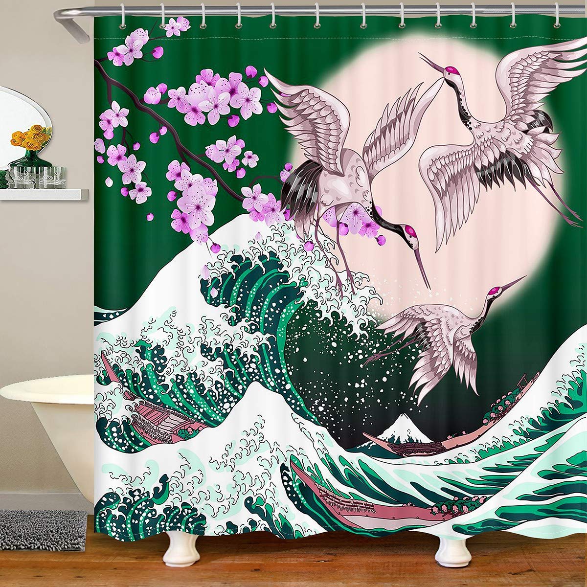 Japanese Style Bath Curtain - Sea Waves & Cherry Blossoms Design, Traditional Decorative Shower Curtain with Hooks (72