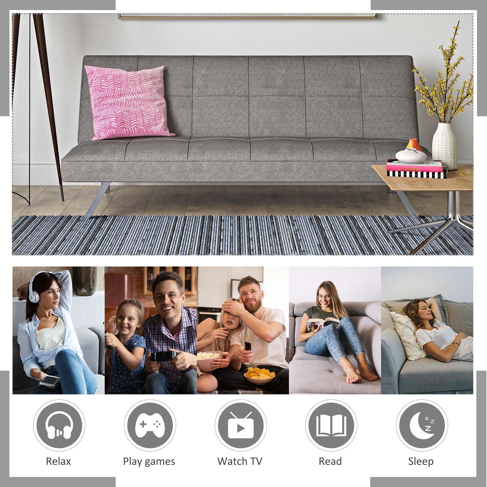 Convertible Folding Futon Sofa Bed with Sturdy Metal Frame & Stainless Steel Legs - Multifunctional 3-in-1 Design as Sofa, Lounge Chair & Single Bed - Space Saving Solution for Small Apartments, Living Rooms, Home Offices & Guest Rooms - Modern Grey Fabric