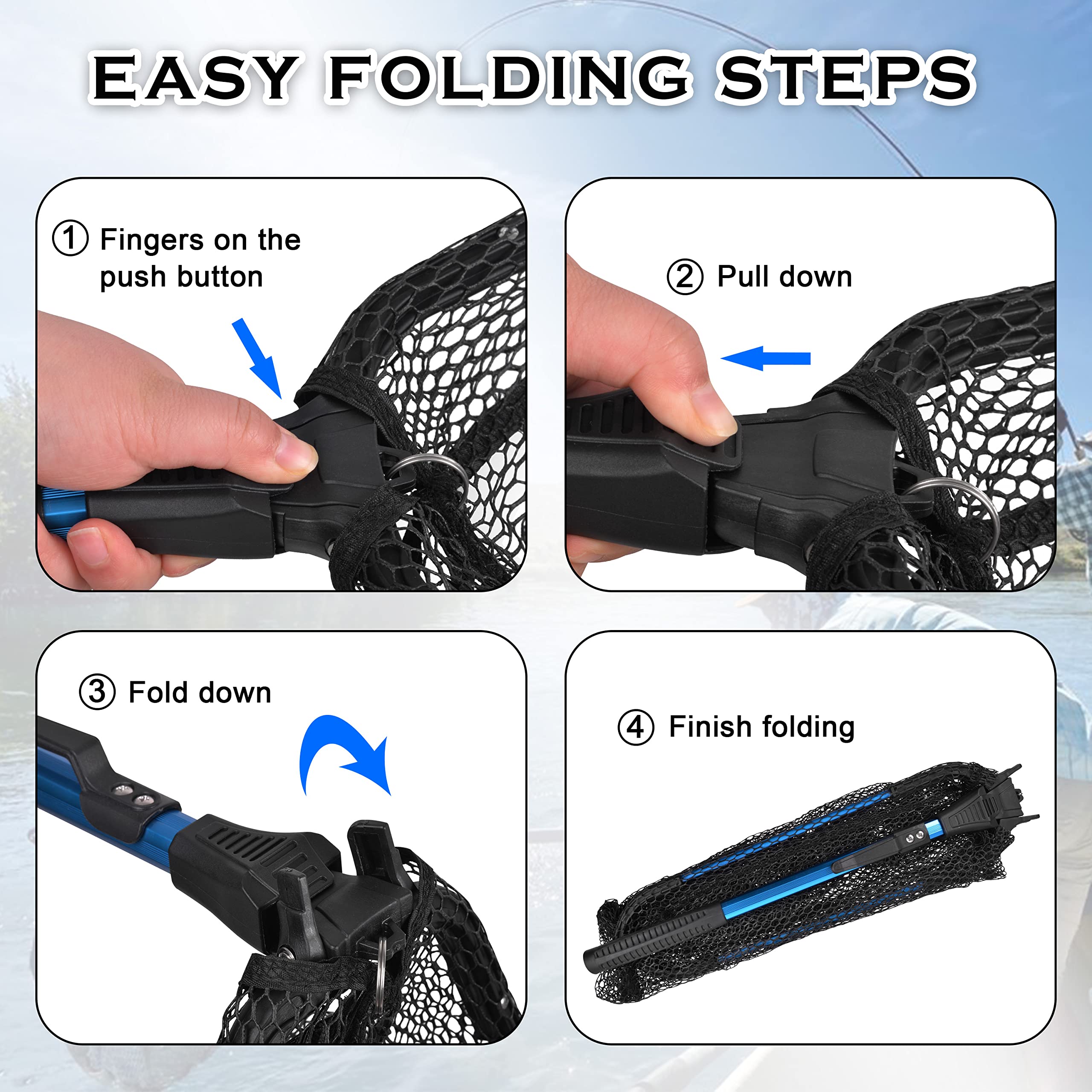 **Collapsible Fishing Landing Net with Telescopic Handle - Lightweight Floating Rubber Net for Kayak, Boat, Saltwater & Freshwater - Safe Catch & Release - Perfect for Fly Fishing, Kayaking & Shore Fishing**