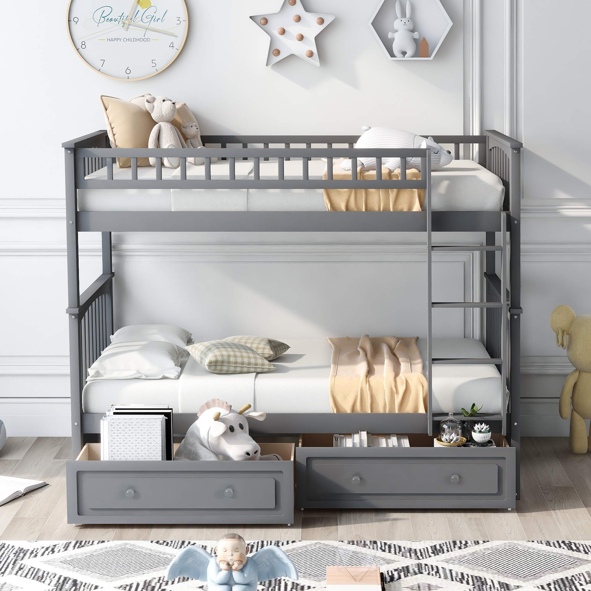 Merax Twin Over Twin Bunk Bed with Storage Drawers - Solid Wood Twin Size Bunk Bed Frame, Convertible to 2 Separate Beds, No Box Spring Required, Space-Saving Grey Bunk Bed for Kids, Teens, and Guest Rooms