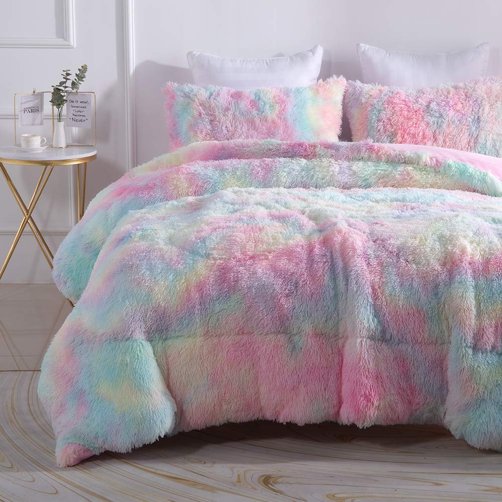 Wajade Faux Fur Plush Rainbow Comforter Set - 3PC Full/Queen Size Soft Microfiber Bedding | Fluffy Fuzzy Shaggy Warm Quilt for Cozy Bedroom Decor | Perfect for Winter, Guest Room & Kids Room