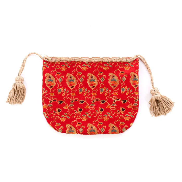 Nishijin Ori Small Drawstring Bag - Handmade Kyoto Japanese Traditional Craft Purse with Floral, Fruit & Tree Patterns (Red) | Perfect for Gift, Cosmetics & Jewelry Storage