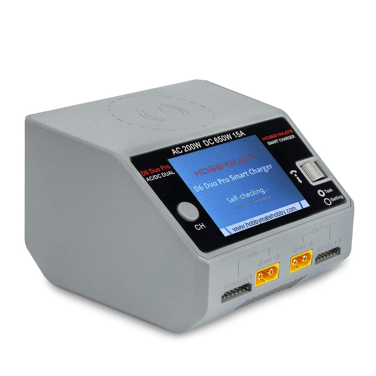 HOBBYMATE D6 Duo Pro Dual Port Balance Charger for Lipo, Li-ion, LiFe, NiMH/NiCd Batteries - AC/DC Input (Gray) | Perfect for RC Cars, Drones, and DIY Electronics Projects