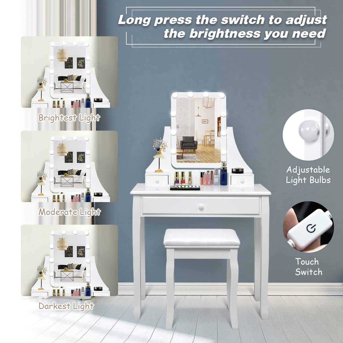 Charmaid Vanity Set with LED Lighted Mirror - 10 Dimmable Bulbs, 3 Drawers & 2 Dividers - Modern Makeup Dressing Table with Stool for Women & Girls (White) | Perfect for Bedroom, Dorm Room & Beauty Salon Makeup Station