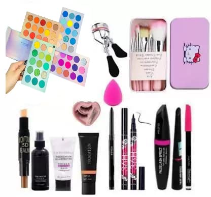 TUMR 60-Color Eyeshadow Palette with 7 Makeup Brushes, Contour Stick, Primer, Setting Spray, Foundation, Kajal, 36H Eyeliner, False Lashes & Curler, Beauty Blender, 3-in-1 Liner, Mascara & Eyebrow Pencil - Complete Makeup Kit (20-Piece Set) for Professional Makeup, Party Looks & Everyday Beauty