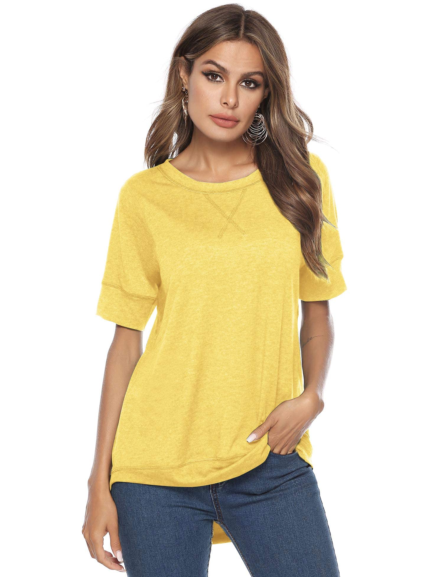 Women's Loose Fit Short Sleeve Cotton T-Shirt - Casual Crew Neck Pullover Tee with Side Split - Perfect for Everyday Wear, Weekend Outings & Summer Activities