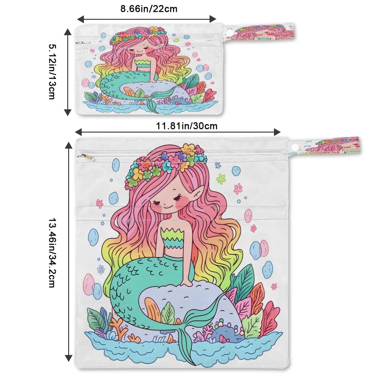Waterproof Wet Dry Bag 2-Pack - Mermaid Princess Design for Swimsuits, Laundry & Diapers | Beach, Pool, Yoga & Gym Storage Organizer | Reusable Travel & Sports Accessories