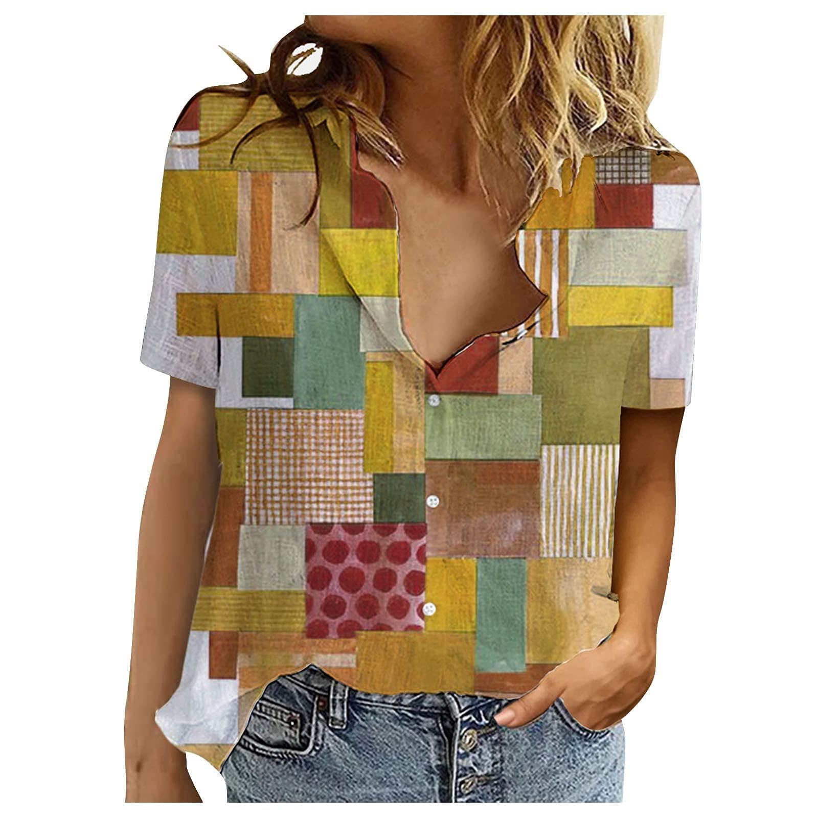Women's Lapel V-Neck Mushroom Print Shirts - Summer Cotton Linen Long Sleeve Button Down Blouses for Casual Wear, Office & Outdoor Activities