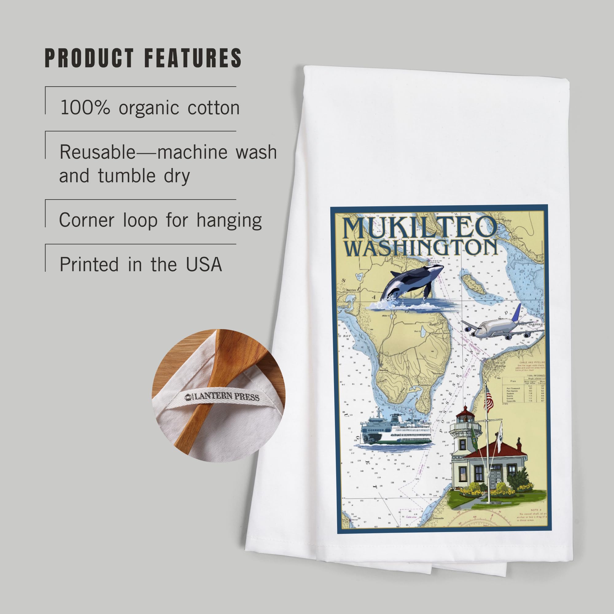 Lantern Press Mukilteo Washington Nautical Chart Tea Towel - 100% Cotton Decorative Hand Towel for Kitchen & Home Decor | Perfect for Coastal Themed Kitchens, Gifts & Beach House Decor