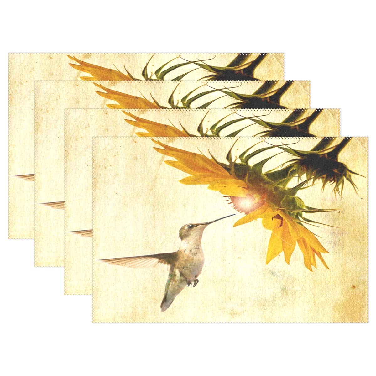 Vintage Hummingbird Sunflower Placemats Set of 4 - Heat Resistant, Non-Slip, Washable Polyester Table Mats for Kitchen & Dining Room - Perfect for Everyday Use, Dinner Parties, and Home Decor