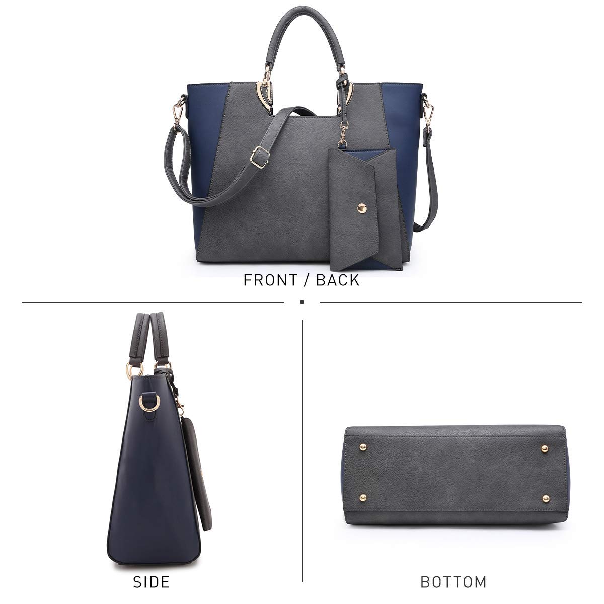 Dasein Women's Two-Tone Leather Handbag - Top Handle Shoulder Bag Tote Hobo Purse with Matching Clutch for Work, Travel & Everyday Use
