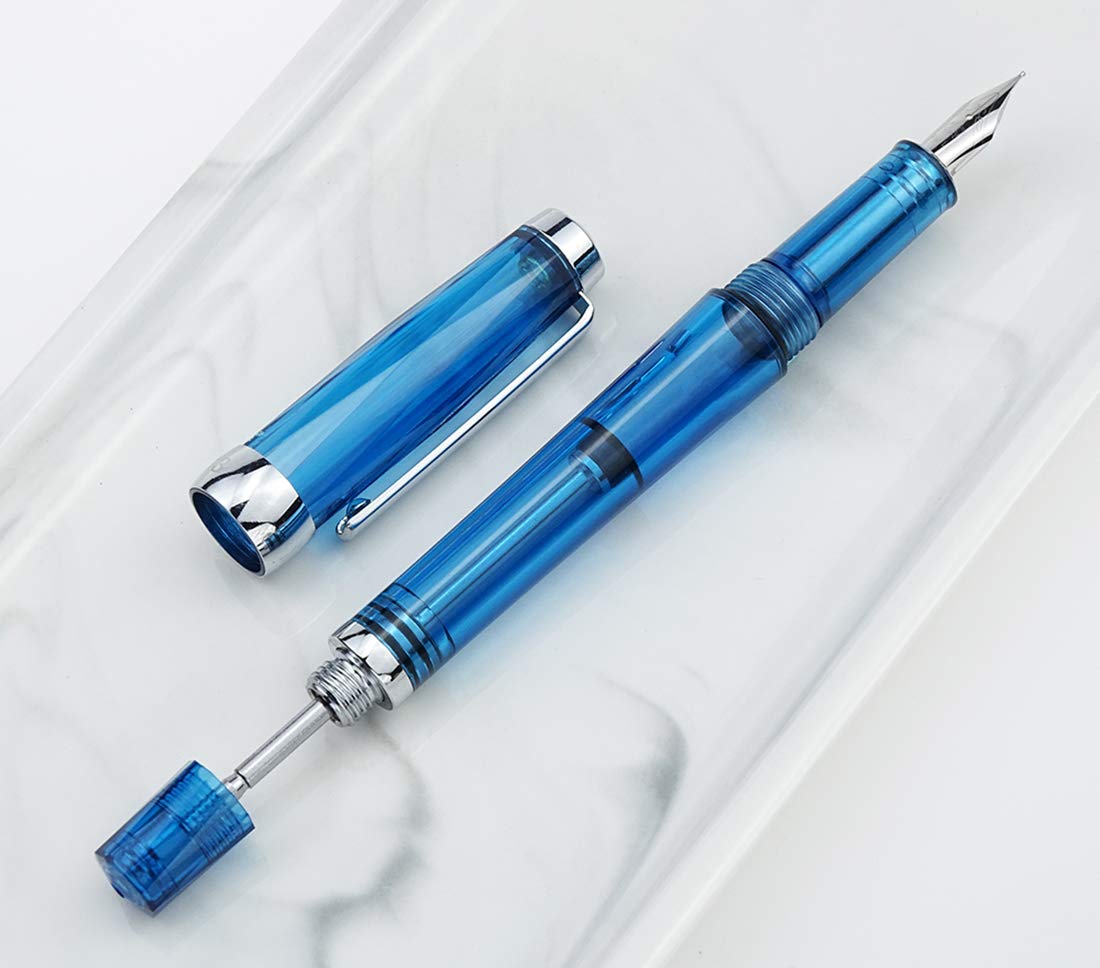 Lanxivi 3-Piston Vacuum Fountain Pen Set - Fine Nib 013 Series (Blue, Green, Clear) for Writing & Calligraphy
