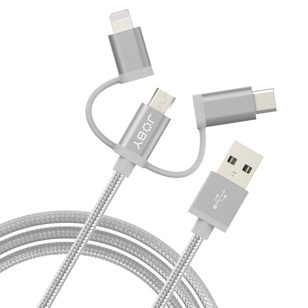 JOBY 3-in-1 Charging & Sync Cable - 1.2m MFi Certified Lightning/USB-C/Micro USB Cable for iPhone, Android, Tablets - Space Gray | Perfect for Travel, Home & Office Use
