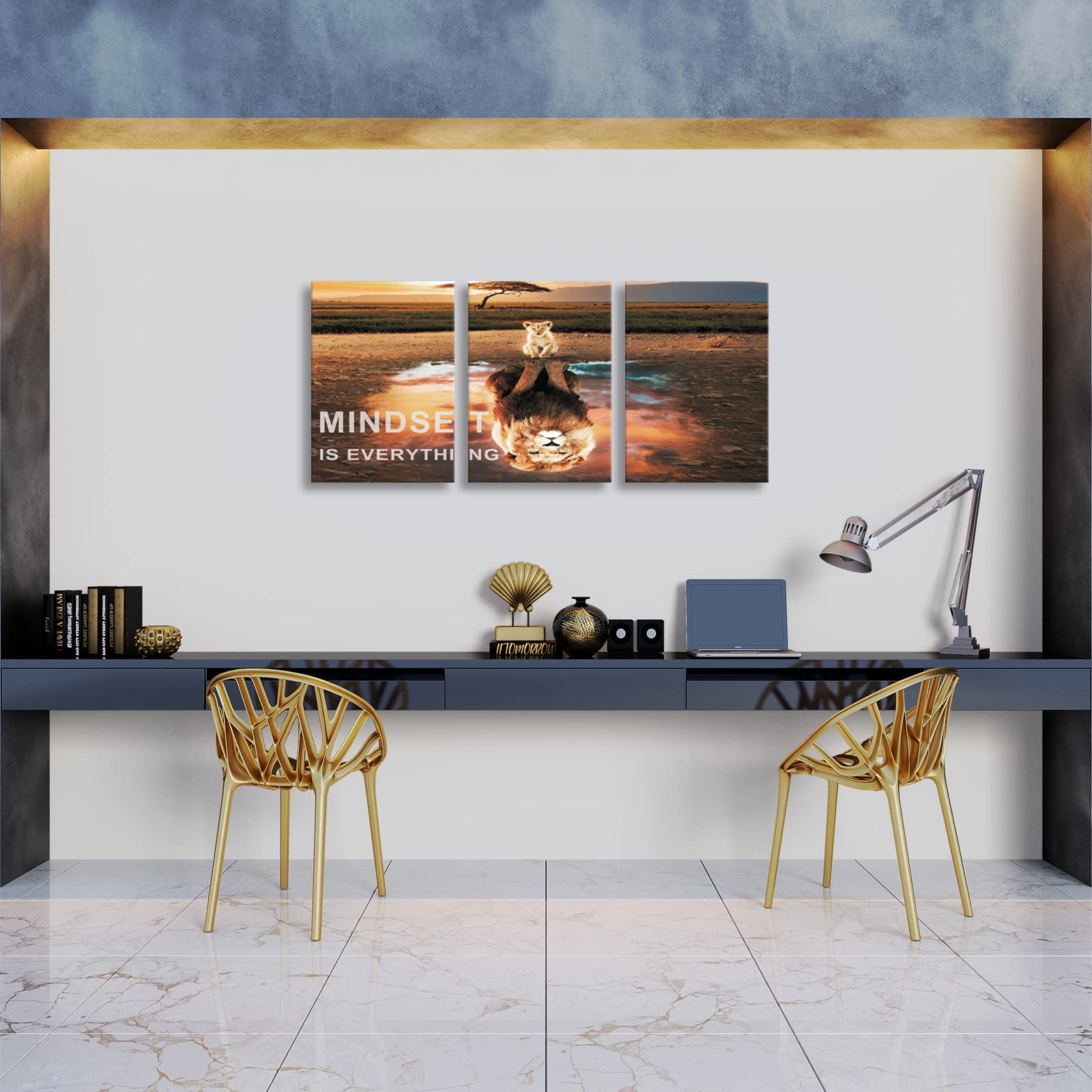 Mindset Is Everything - Motivational Lion Canvas Wall Art Set of 3, Inspirational Quote Paintings for Office & Bedroom Decor - Perfect for Home, Office & Gift Giving