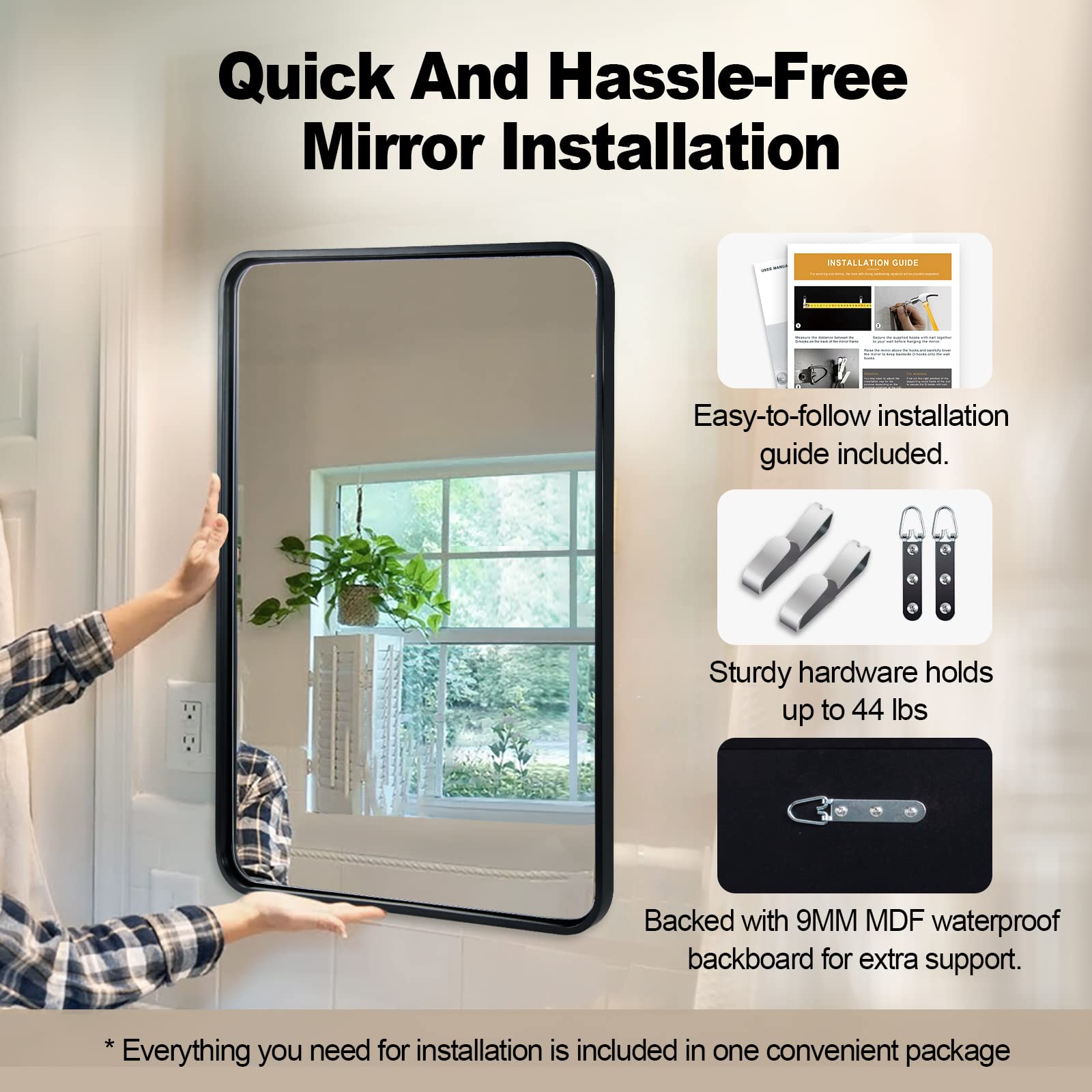 ANDY STAR 24x36 Inch Matte Black Bathroom Mirror - Modern Rounded Rectangle Vanity Mirror with Metal Frame, Excellent Reflection, Vertical or Horizontal Hanging - Perfect for Bathroom, Bedroom, Dressing Room & Home Decor
