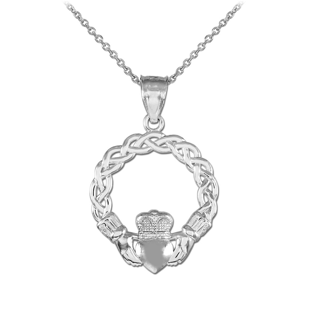 10K White Gold Classic Braided Claddagh Charm Pendant Necklace for Women - Irish Celtic Love Friendship Loyalty Jewelry Gift for Her - Perfect for Anniversaries, Valentine's Day & Special Occasions