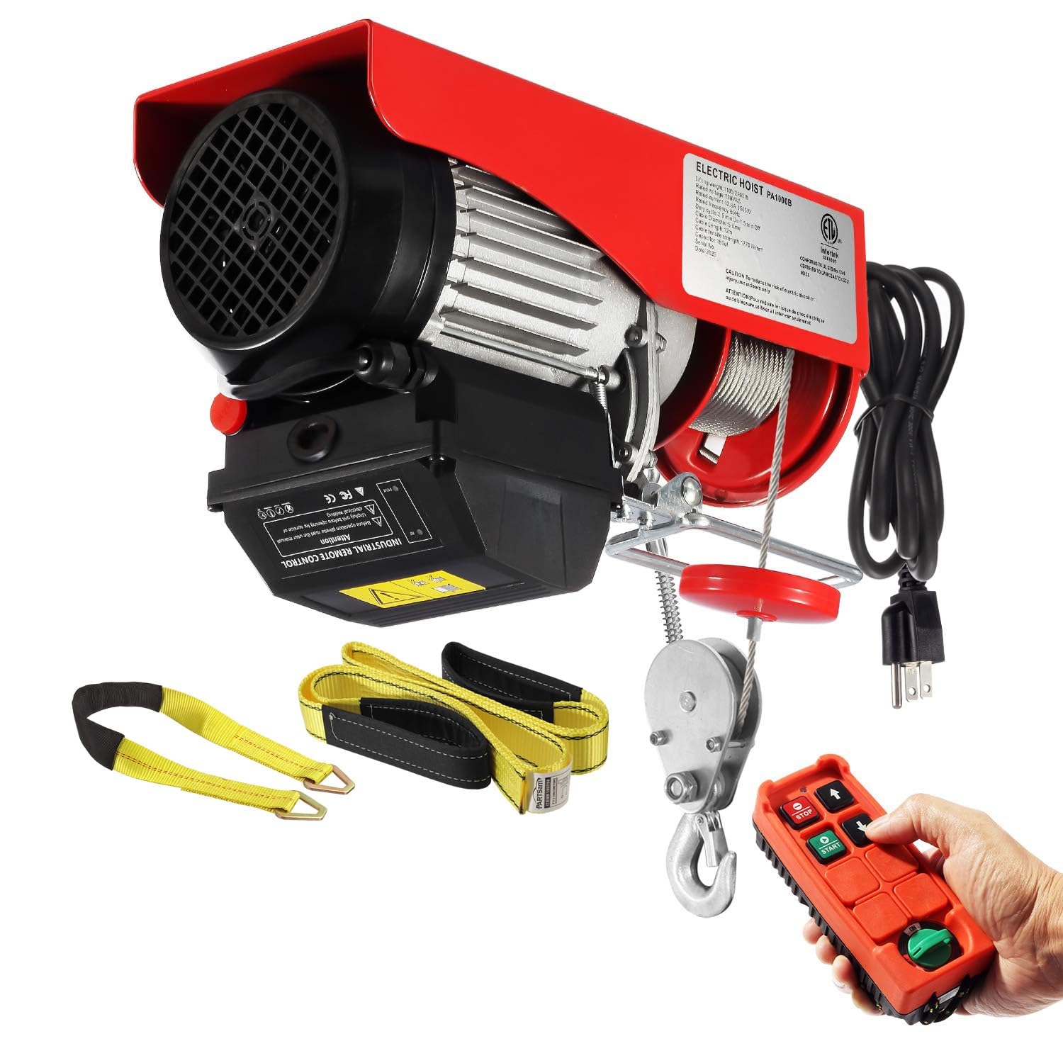 Partsam 880lbs Electric Hoist with Wireless Remote - 110V Overhead Crane, Garage Ceiling Pulley Winch with Towing Strap - 38ft Lifting Height for Warehouse, Construction & Heavy Lifting
