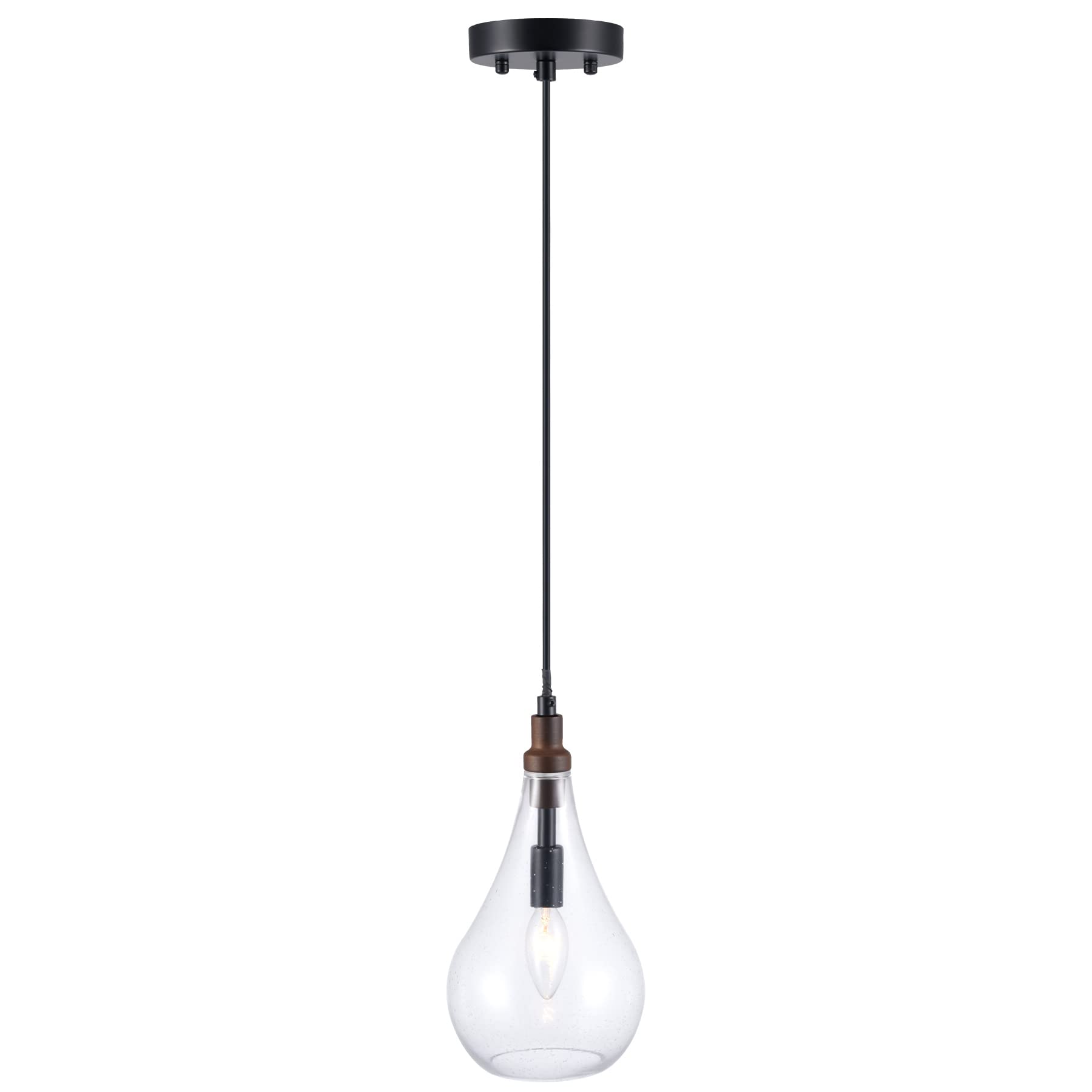 VONLUCE Vintage Glass Pendant Light with Wood Accents - Farmhouse Kitchen Pendant Lighting, Modern Industrial Hanging Light Fixture for Dining Room, Restaurant, Bar & More - Black - Perfect for Rustic Home Decor and Commercial Spaces