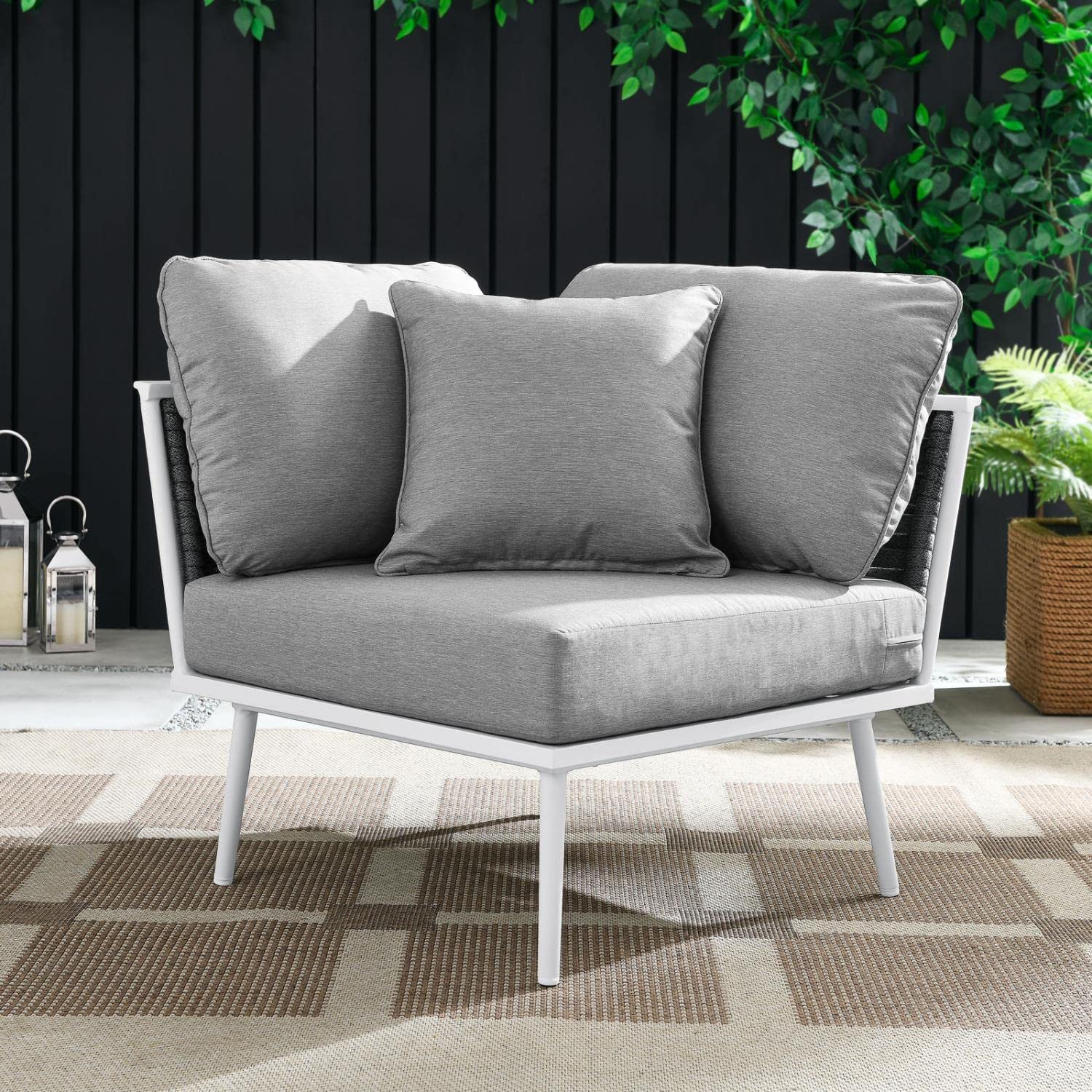 Modway Stance Outdoor Patio Sectional Sofa - Woven Rope & Aluminum Frame Corner Chair in White Gray - Perfect for Backyard, Poolside & Garden Relaxation